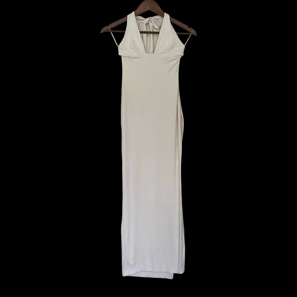 Oh‎ Polly Bodycon Maxi Dress Size 0 Ivory Modal High Slit Plunging Halter